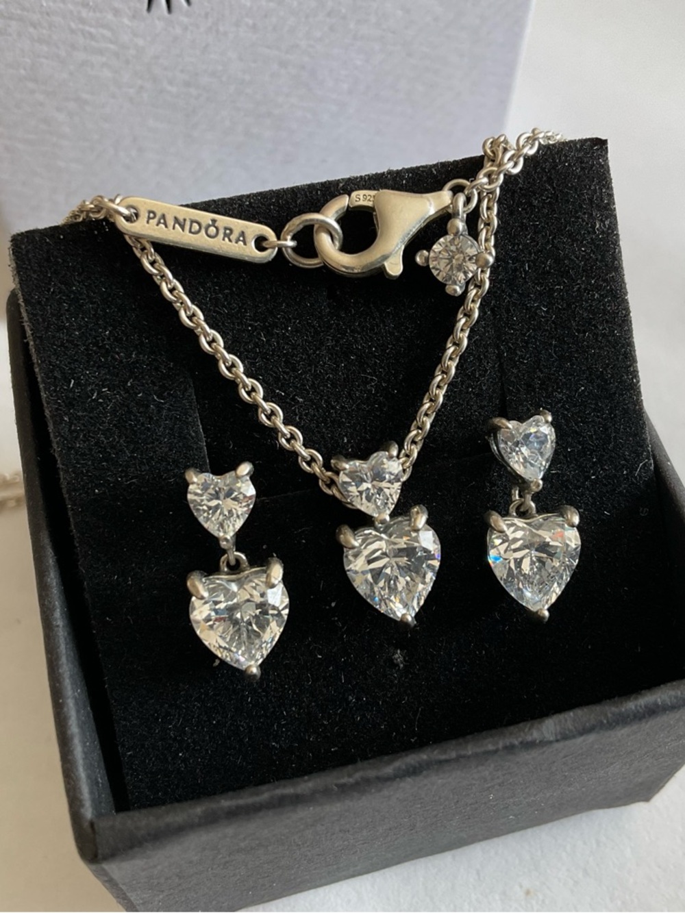 Pandora Silver Heart Necklace with Clear Stones